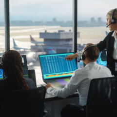 Female and Male Air Traffic Controllers with Headsets Talk in Airport Tower. Office Room is Full of Desktop Computer Displays with Navigation Screens, Airplane Departure and Arrival Data for the Team.